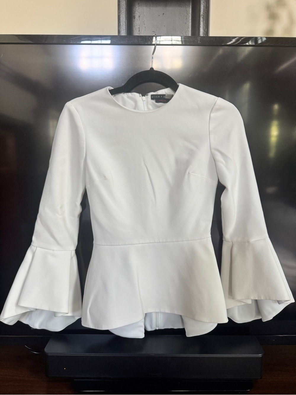 Alice + Olivia White Peplum Top with Bell Sleeves